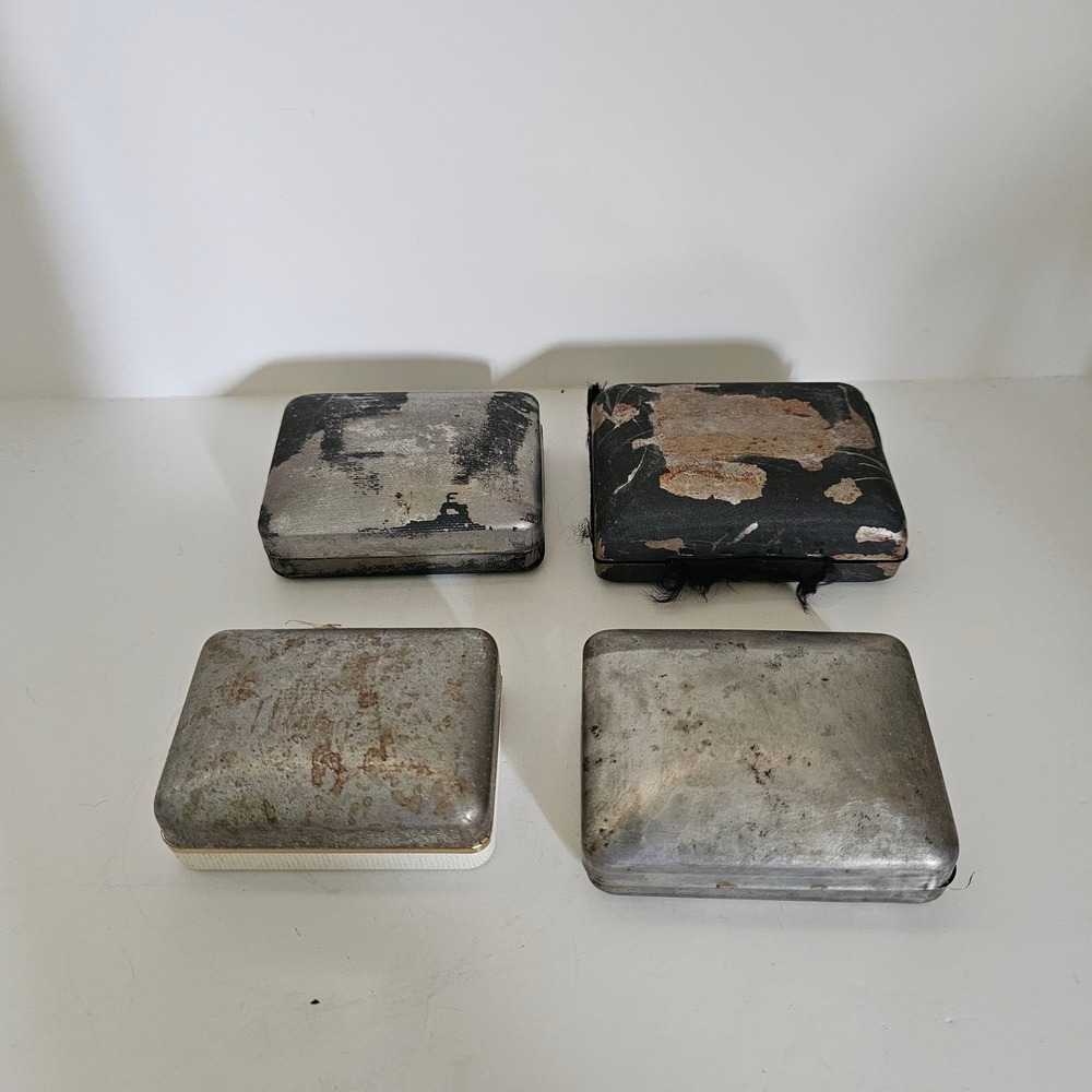 Vintage Metal Jewelry Trinket Box Lot 4pc Distressed Antique Patina Restoration